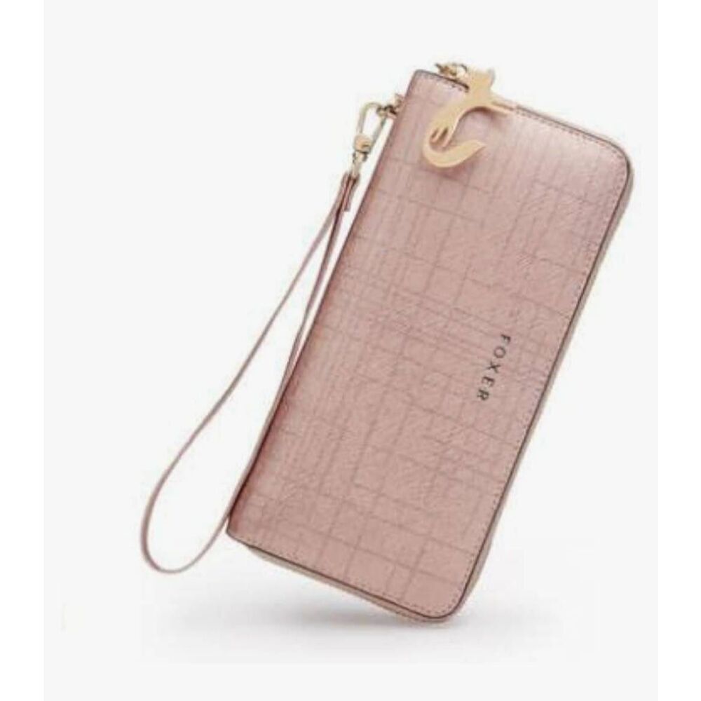Foxer Pink Gold Leather Wallet Clutch Wristlet Full Zipper Phone Holder 7.5" NEW